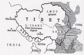 Hranice Tibetu před čínskou okupací.