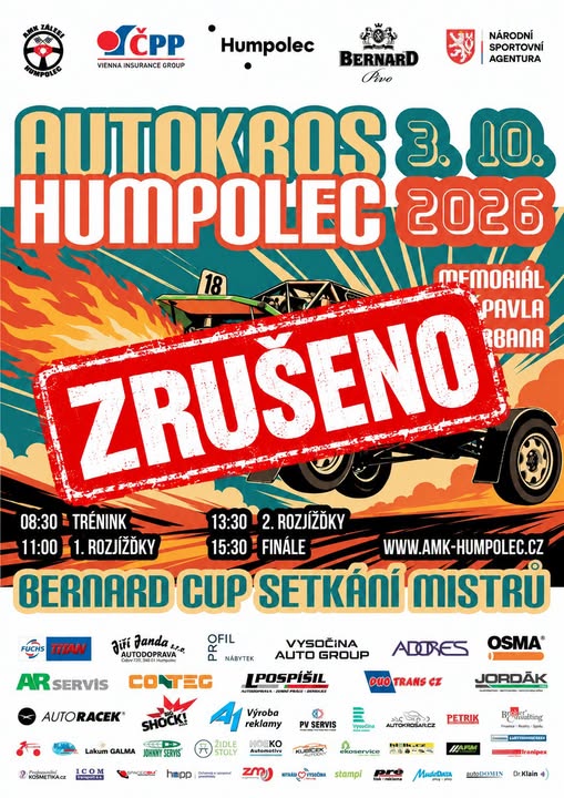 ZRUŠENO: Patnáctý ročník Setkání mistrů. Autokros se příští sobotu vrací do Humpolce